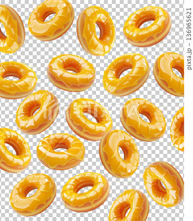 Five shiny glazed donuts floating isolated on white background, concept of sweet food and dessert temptation 136965621