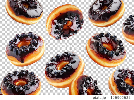 Multiple blueberry glazed donuts with shiny icing and berries scattered in a seamless pattern on white background 136965622