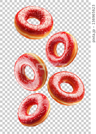 Delicious red glazed donuts with chocolate drizzle isolated on white background, concept of sweet bakery desserts Delicious red glazed donuts with chocolate drizzle isolated on white background, concept of sweet bakery desserts 136965623