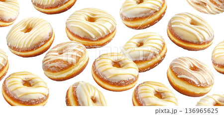 Delicious glazed donuts with white icing stripes scattered in pattern, isolated on white background, concept of dessert variety Delicious glazed donuts with white icing stripes scattered in pattern, isolated on white background, concept of dessert variety 136965625