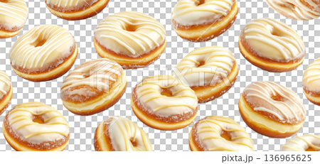 Delicious glazed donuts with white icing stripes scattered in pattern, isolated on white background, concept of dessert variety Delicious glazed donuts with white icing stripes scattered in pattern, isolated on white background, concept of dessert variety 136965625