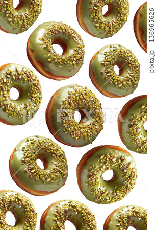 Multiple pistachio glazed donuts with crushed nuts isolated on a white background, concept of sweet bakery treats Multiple pistachio glazed donuts with crushed nuts isolated on a white background, concept of sweet bakery treats 136965626
