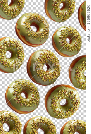 Multiple pistachio glazed donuts with crushed nuts isolated on a white background, concept of sweet bakery treats 136965626
