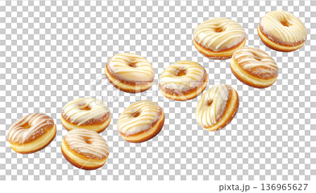 Delicious glazed donuts with white icing stripes scattered in pattern, isolated on white background, concept of dessert variety 136965627