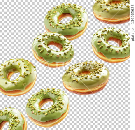 Multiple pistachio glazed donuts with crushed nuts isolated on a white background, concept of sweet bakery treats 136965628