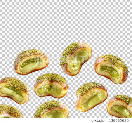 Multiple pistachio glazed donuts with crushed nuts isolated on a white background, concept of sweet bakery treats 136965629