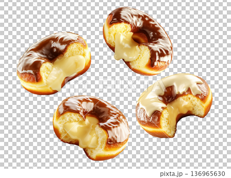 Delicious cream filled donuts with chocolate and vanilla glaze, isolated on white background, concept of sweet dessert indulgence Delicious cream filled donuts with chocolate and vanilla glaze, isolated on white background, concept of sweet dessert indulgence 136965630