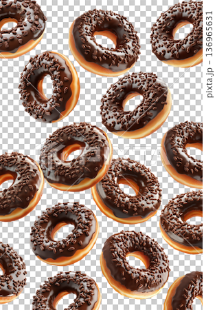 Multiple chocolate glazed donuts with chocolate sprinkles isolated on a white background, concept of sweet dessert snack Multiple chocolate glazed donuts with chocolate sprinkles isolated on a white background, concept of sweet dessert snack 136965631