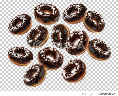 Multiple chocolate glazed donuts with chocolate sprinkles isolated on a white background, concept of sweet dessert snack 136965632