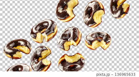 Chocolate glazed cream filled donuts with visible bite marks, isolated on white background. Concept of sweet dessert pattern Chocolate glazed cream filled donuts with visible bite marks, isolated on white background. Concept of sweet dessert pattern 136965633