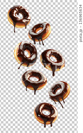 Multiple chocolate covered donuts scattered in a seamless pattern, isolated on white background, concept of sweet dessert 136965634