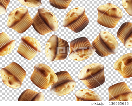 Freshly baked golden vanilla muffins scattered isolated on white background, concept of homemade bakery treats 136965636