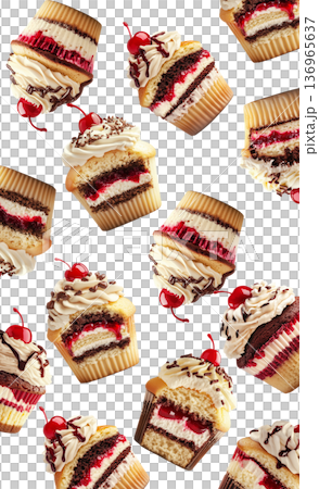 Assorted cupcakes with cream frosting, cherry topping, and chocolate drizzle on white background. Concept of sweet dessert pattern 136965637