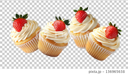 Multiple strawberry cupcakes with swirled cream frosting isolated on white background, sweet dessert or baking pattern Multiple strawberry cupcakes with swirled cream frosting isolated on white background, sweet dessert or baking pattern 136965638