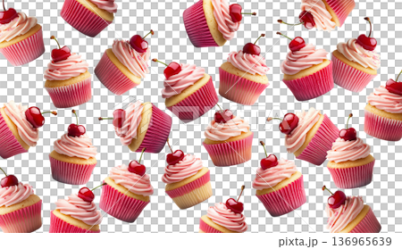 Multiple pink frosted cupcakes with cherries scattered and isolated on a white background, concept of dessert or pastry pattern Multiple pink frosted cupcakes with cherries scattered and isolated on a white background, concept of dessert or pastry pattern 136965639