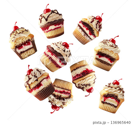 Assorted cupcakes with cream frosting, cherry topping, and chocolate drizzle on white background. Concept of sweet dessert pattern 136965640