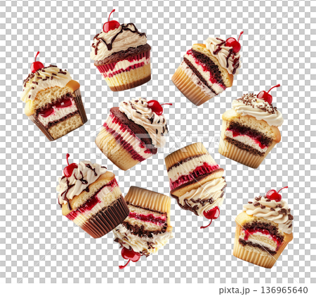 Assorted cupcakes with cream frosting, cherry topping, and chocolate drizzle on white background. Concept of sweet dessert pattern 136965640