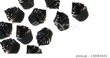 Multiple glossy black chocolate cupcakes scattered in seamless pattern, on white background, concept of modern dessert aesthetics Multiple glossy black chocolate cupcakes scattered in seamless pattern, on white background, concept of modern dessert aesthetics 136965641