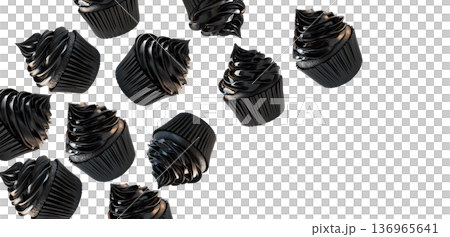 Multiple glossy black chocolate cupcakes scattered in seamless pattern, on white background, concept of modern dessert aesthetics Multiple glossy black chocolate cupcakes scattered in seamless pattern, on white background, concept of modern dessert aesthetics 136965641