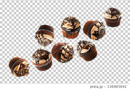 Chocolate cupcakes with creamy frosting and chocolate drizzle, isolated on white background, concept of dessert and sweets Chocolate cupcakes with creamy frosting and chocolate drizzle, isolated on white background, concept of dessert and sweets 136965642