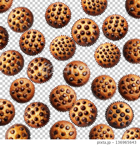 Multiple chocolate chip muffins arranged in a scattered pattern, isolated on white background, concept of bakery treats 136965643