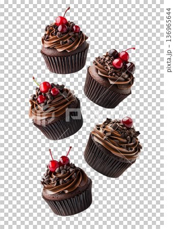 Multiple chocolate cupcakes with swirled frosting, cherries, and sprinkles on white background, concept of dessert variety Multiple chocolate cupcakes with swirled frosting, cherries, and sprinkles on white background, concept of dessert variety 136965644