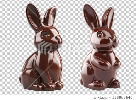 Set of chocolate bunny figurine with glossy surface, isolated on white transparent background. Easter and confectionery concept 136965646