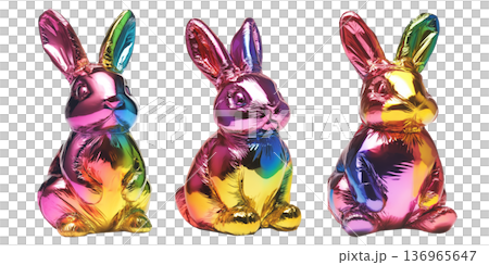 Set of metallic rabbit shaped balloon with vibrant colors including pink, gold, blue, and green, on white transparent background 136965647