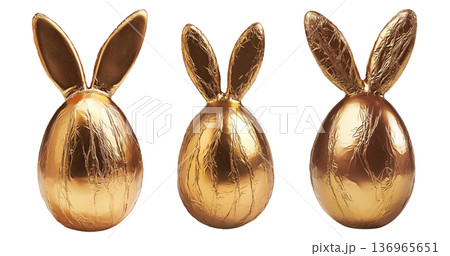 Set of Golden foil wrapped Easter chocolate shaped like a bunny with ears, isolated on white transparent background 136965651
