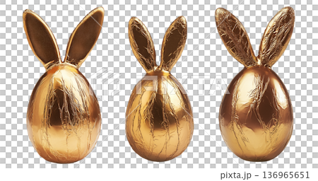 Set of Golden foil wrapped Easter chocolate shaped like a bunny with ears, isolated on white transparent background Set of Golden foil wrapped Easter chocolate shaped like a bunny with ears, isolated on white transparent background 136965651