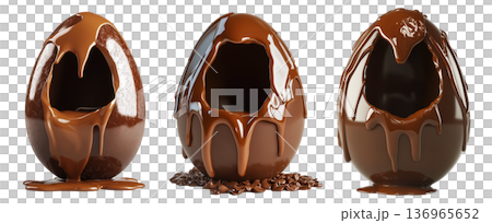 Set of Cracked Easter chocolate egg with hollow center, isolated on white transparent background. Festive holiday candy concept 136965652