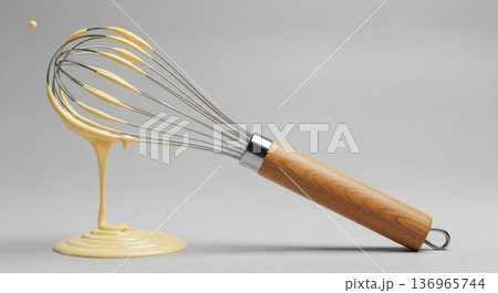 Whisk with wooden handle dripping batter on a smooth surface, showcasing a splash of liquid 136965744