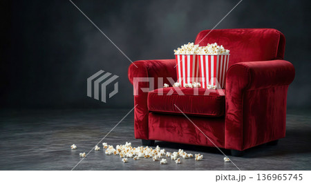 Red velvet armchair with a large striped popcorn bucket overflowing and scattered popcorn on the floor in a dark, moody setting 136965745