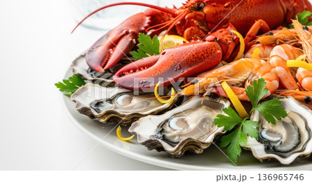 Fresh seafood platter featuring lobster, oysters, shrimp, and garnished with lemon and parsley on a white plate 136965746