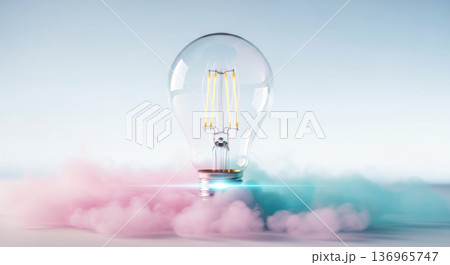Glass light bulb with glowing filament surrounded by pink and blue smoke on a gradient background, showcasing modern design aesthetics 136965747