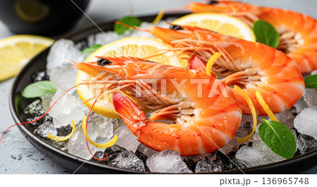 Freshly prepared shrimp on ice with lemon slices and herbs in a black serving platter, garnished for an elegant seafood presentation 136965748
