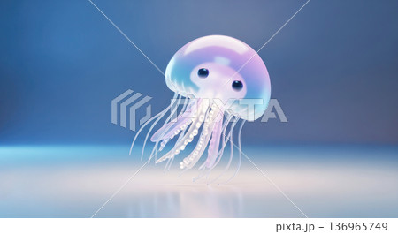 Transparent jellyfish with flowing tentacles illuminated against a soft blue background, showcasing its delicate features and bioluminescence 136965749