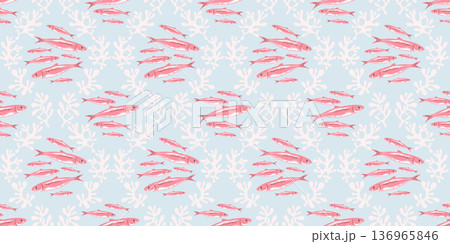 Seamless pattern with pink sardines fish and lattice design coral reef. School of swimming fishes on pastel blue color background. Marine style underwater repeating wallpaper or textile 136965846