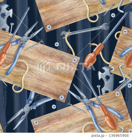 Seamless drawing with working tools and a wooden board on a dark background. Watercolor illustration of men's work tools for home renovation. Realistic repeating pattern for packaging and printing. 136965908