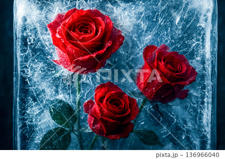 Three Red Roses Frozen In Ice With Cracked Frost Texture 136966040