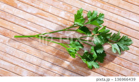 Fresh parsley aromatic herbs on kitchen table 136966439