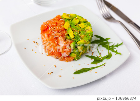 Salmon tartare with avocado and capers served on table Salmon tartare with avocado and capers served on table 136966874