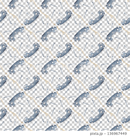 Diagonal seamless pattern with a metal bicycle wrench, a length of jute rope and self-tapping screws on an isolated background. Watercolor illustration with working tools. A realistic template with 136967449