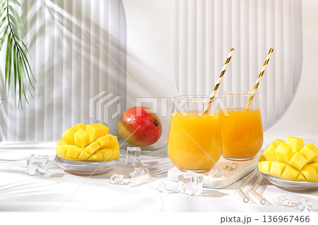 Cold homemade smoothie, juice, or lemonade with mango slices, ice, and fruit. Refreshing summer drink recipe. Detox diet and weight loss concept.Restaurant menu. House party banner. Bar and cafe flyer Cold homemade smoothie, juice, or lemonade with mango slices, ice, and fruit. Refreshing summer drink recipe. Detox diet and weight loss concept.Restaurant menu. House party banner. Bar and cafe flyer 136967466