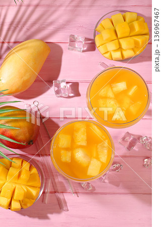 Frozen lemonade or juice with mango slices, mojito with tequila, lemon, and ice, bar and party concept, restaurant and cafe advertising card, restaurant menu, house party advertising banner. Frozen lemonade or juice with mango slices, mojito with tequila, lemon, and ice, bar and party concept, restaurant and cafe advertising card, restaurant menu, house party advertising banner. 136967467