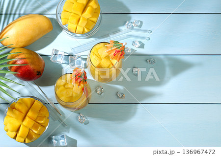 Frozen lemonade or juice with mango slices, mojito with tequila, lemon, and ice, bar and party concept, restaurant and cafe advertising card, restaurant menu, house party advertising banner. Frozen lemonade or juice with mango slices, mojito with tequila, lemon, and ice, bar and party concept, restaurant and cafe advertising card, restaurant menu, house party advertising banner. 136967472