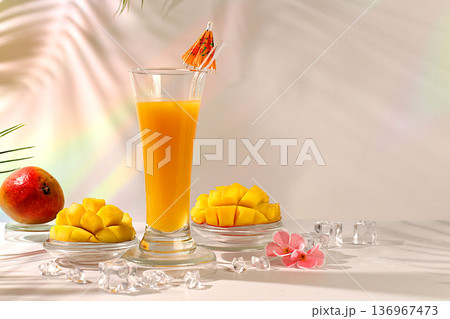 Frozen mojito with tequila, lemon, and ice, lemonade, or juice with mango slices, bar and party concept, restaurant and cafe advertising card, restaurant menu, house party advertising banner. 136967473