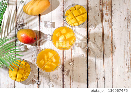 Frozen mojito with tequila, lemon, and ice, lemonade, or juice with mango slices, bar and party concept, restaurant and cafe advertising card, restaurant menu, house party advertising banner. Frozen mojito with tequila, lemon, and ice, lemonade, or juice with mango slices, bar and party concept, restaurant and cafe advertising card, restaurant menu, house party advertising banner. 136967476