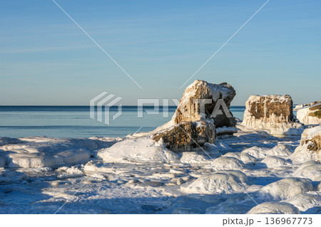 Frozen Fortification Ruins with Thick Ice on Baltic Sea Coast in Liepaja Latvia 136967773
