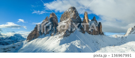 Beautiful Panorama of Tre Cime di Lavaredo in Dolomites Mountains During Winter Beautiful Panorama of Tre Cime di Lavaredo in Dolomites Mountains During Winter 136967991